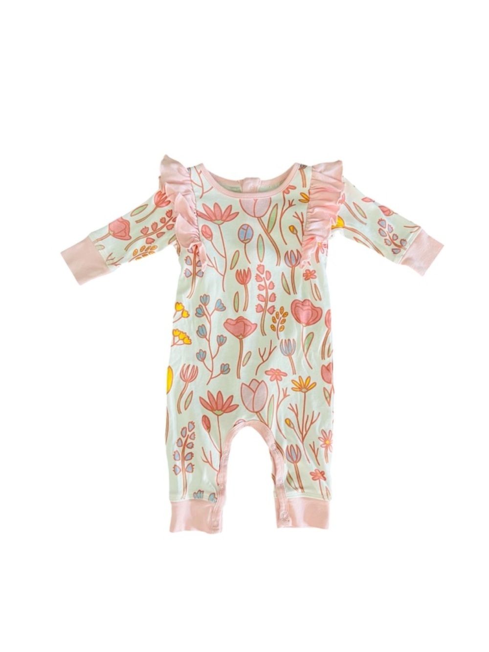 Monica + Andy Floral Ruffle One-Piece Romper - Pink & Green 3-6 Months